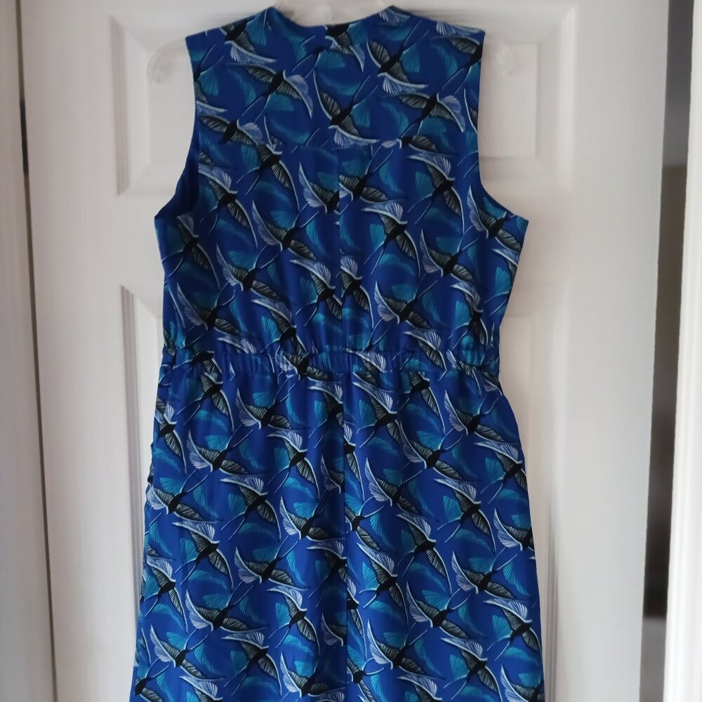 APT. 9 Dress Cinch Tie Waist Sleeveless Women's Medium Blue Pattern Birds Pocket - Picture 5 of 9